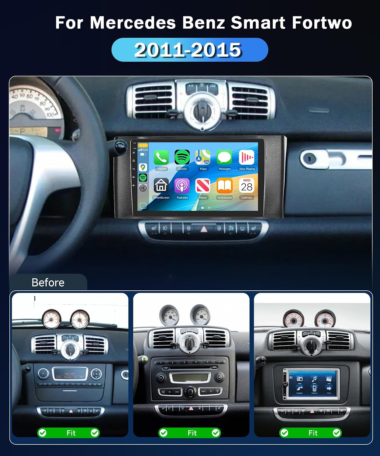 Smart Fortwo 2011–2015 9” Wireless CarPlay & Android Auto Stereo - Image 2